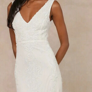 Passionate Romance White Beaded Sequin Mermaid Maxi Dress Lulus Sz #25 #423